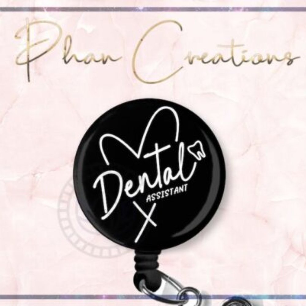 Black Dental Assistant Retractable Badge Reel Cute Dentist RDH ID Holder